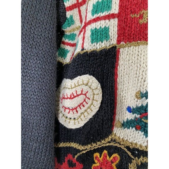 Cabin Creek Chunky Knit Christmas Tree Shoulder Pad Jingle Bell Beaded Sweater L - Picture 7 of 9